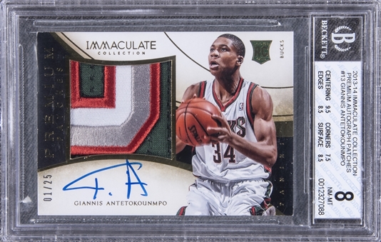 2013-14 Panini Immaculate Collection #13 Giannis Antetokounmpo Premium Patch Auto Rookie Card (#01/25) - BGS NM-MT 8/BGS 10